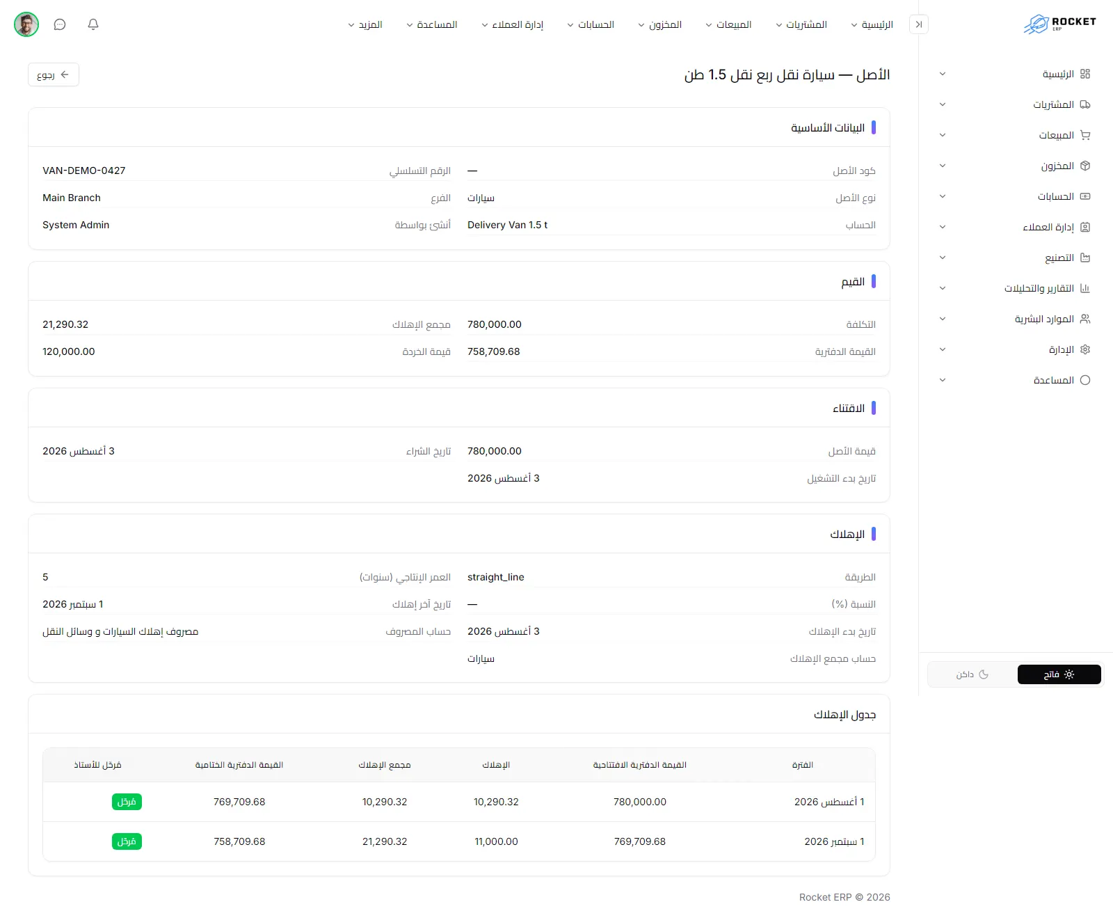 بطاقة الأصل وتظهر فيها قيمه وجدول الإهلاك