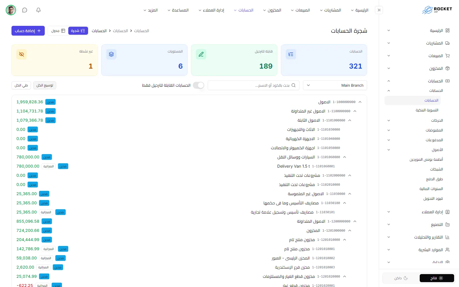 شجرة الحسابات في عرض الشجرة وتظهر فيها بطاقات عدد الحسابات ومحدد النطاق والشجرة مفتوحة