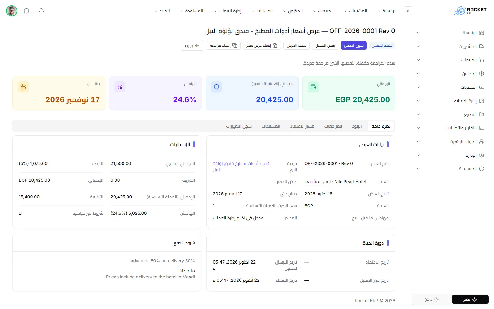 صفحة عرض مع حالته وإجراءاته وإجمالياته وتبويباته