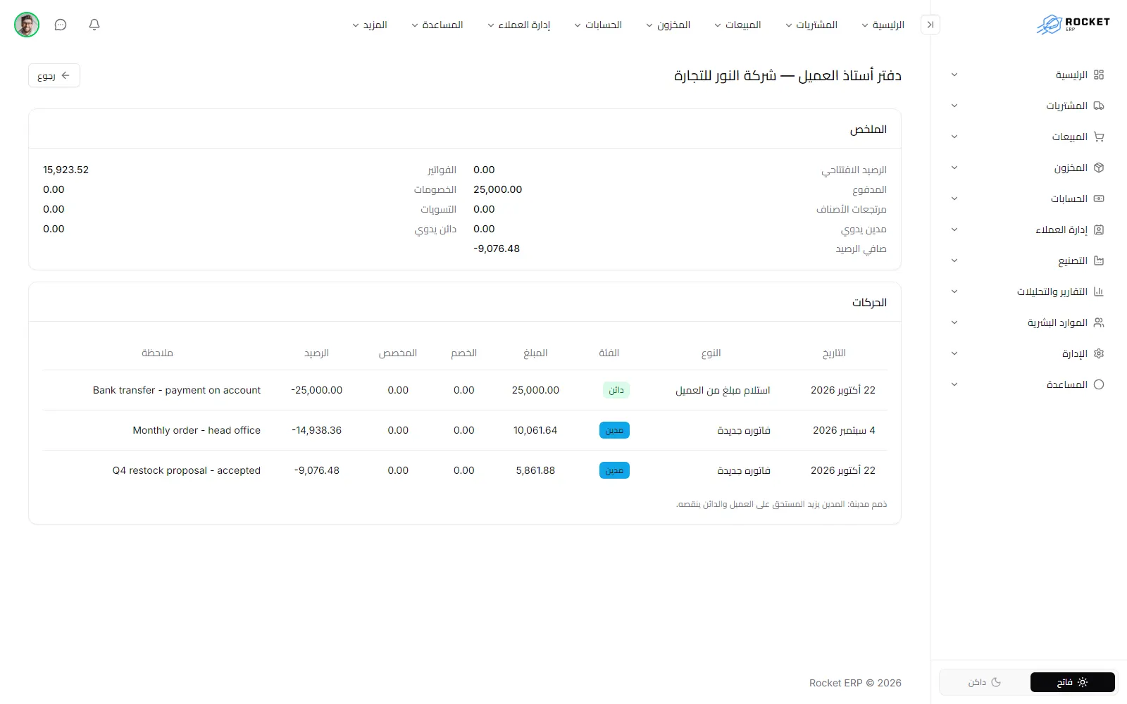 دفتر أستاذ العميل مع الملخص والحركات