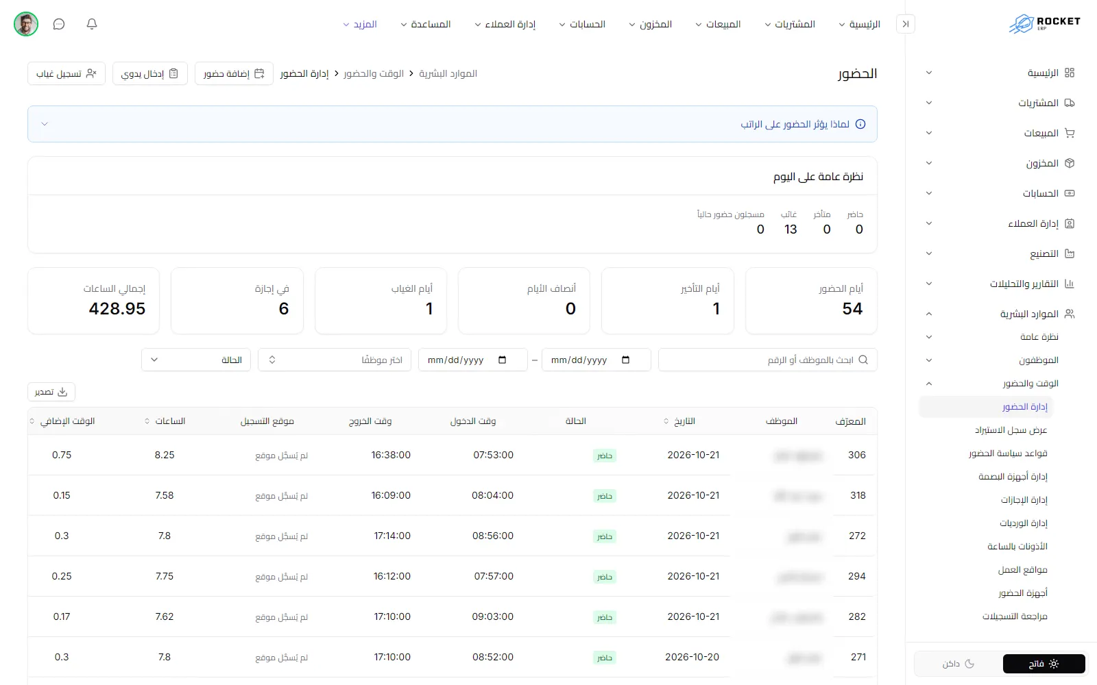 سجل الحضور مع نظرة اليوم وبطاقات الإجماليات وسجلات الأيام