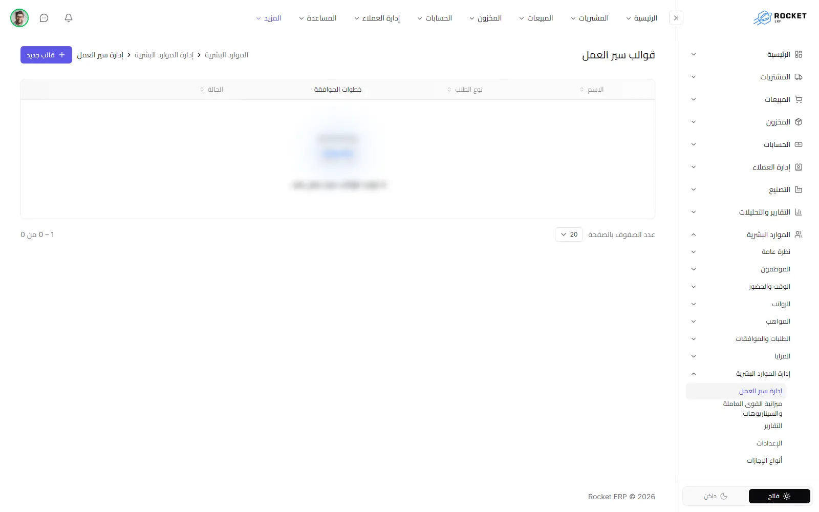 قائمة قوالب سير العمل بنوع الطلب وعدد الخطوات والحالة