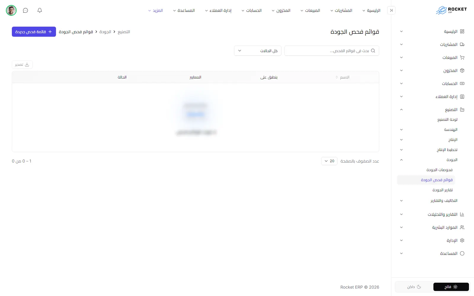 جدول قوائم فحص الجودة ويظهر فيه نطاق التطبيق وعدد المعايير والحالة