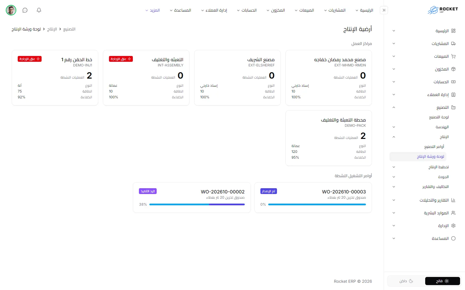 لوحة ورشة الإنتاج وتظهر فيها بطاقات مراكز العمل وقائمة أوامر التشغيل النشطة