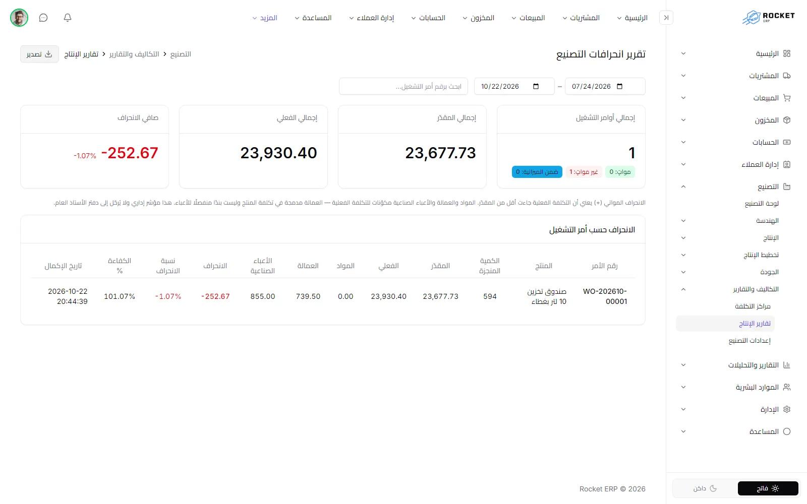 تقرير انحرافات التصنيع وتظهر فيه بطاقات الملخص وجدول الانحراف حسب أمر التشغيل
