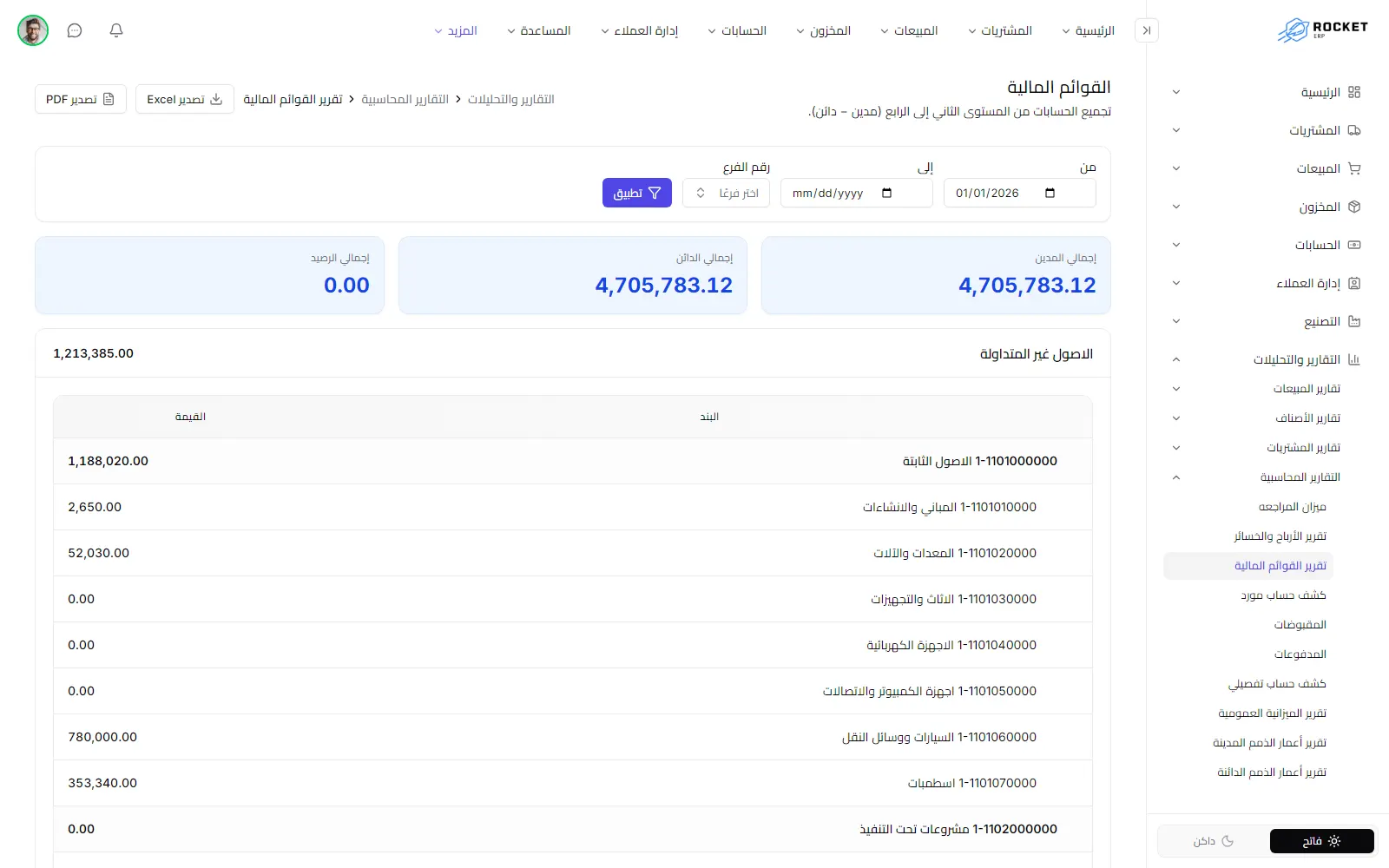 تقرير القوائم المالية ويظهر فيه قسم لكل مجموعة حسابات رئيسية