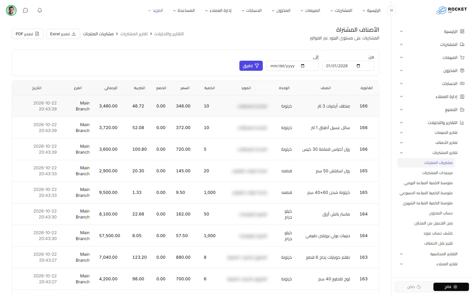 تقرير الأصناف المشتراة ويظهر فيه صف لكل سطر في فواتير الشراء