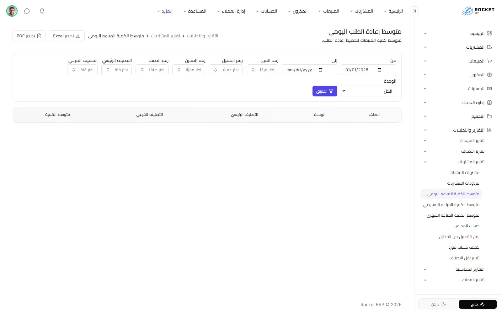 تقرير متوسط الكمية المبيعة اليومي ويظهر فيه صف لكل صنف