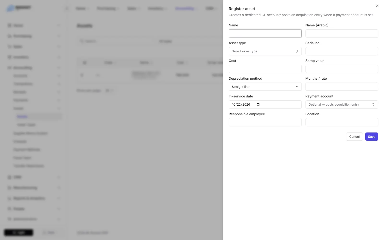 The Register asset form with cost, depreciation and payment fields
