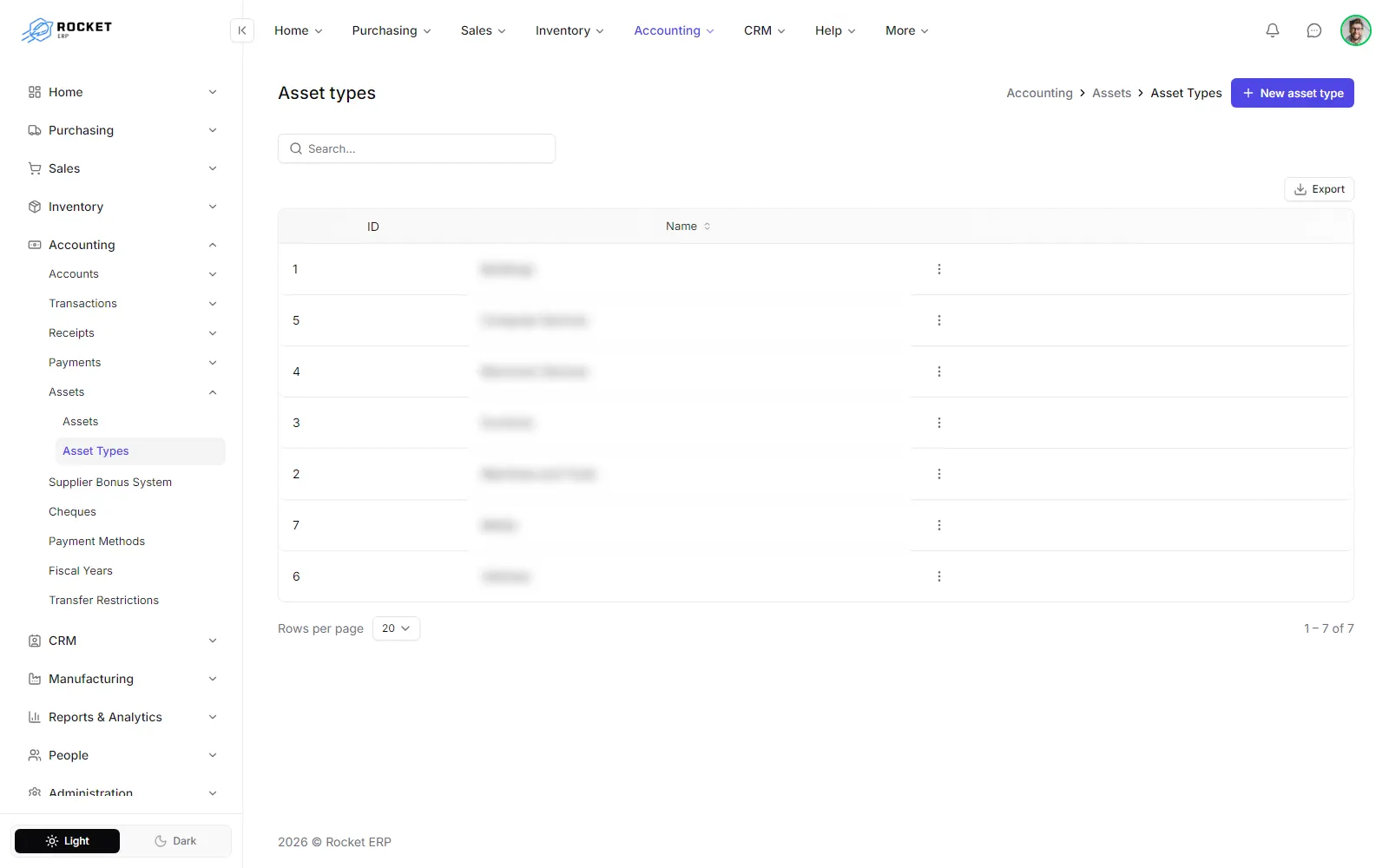 The asset types list with the New asset type button