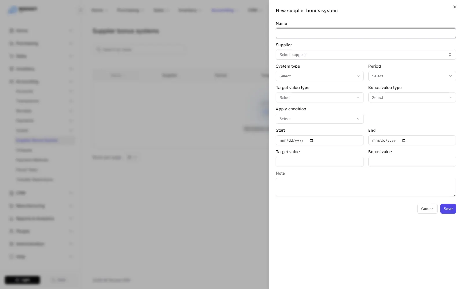 The new supplier bonus system form with the supplier, type, period, target and bonus fields