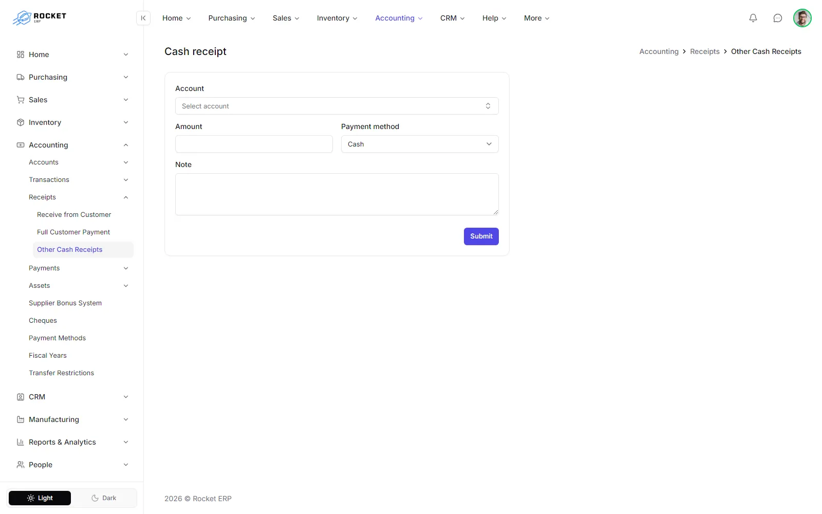 The cash receipt form with the account, amount, payment method and note