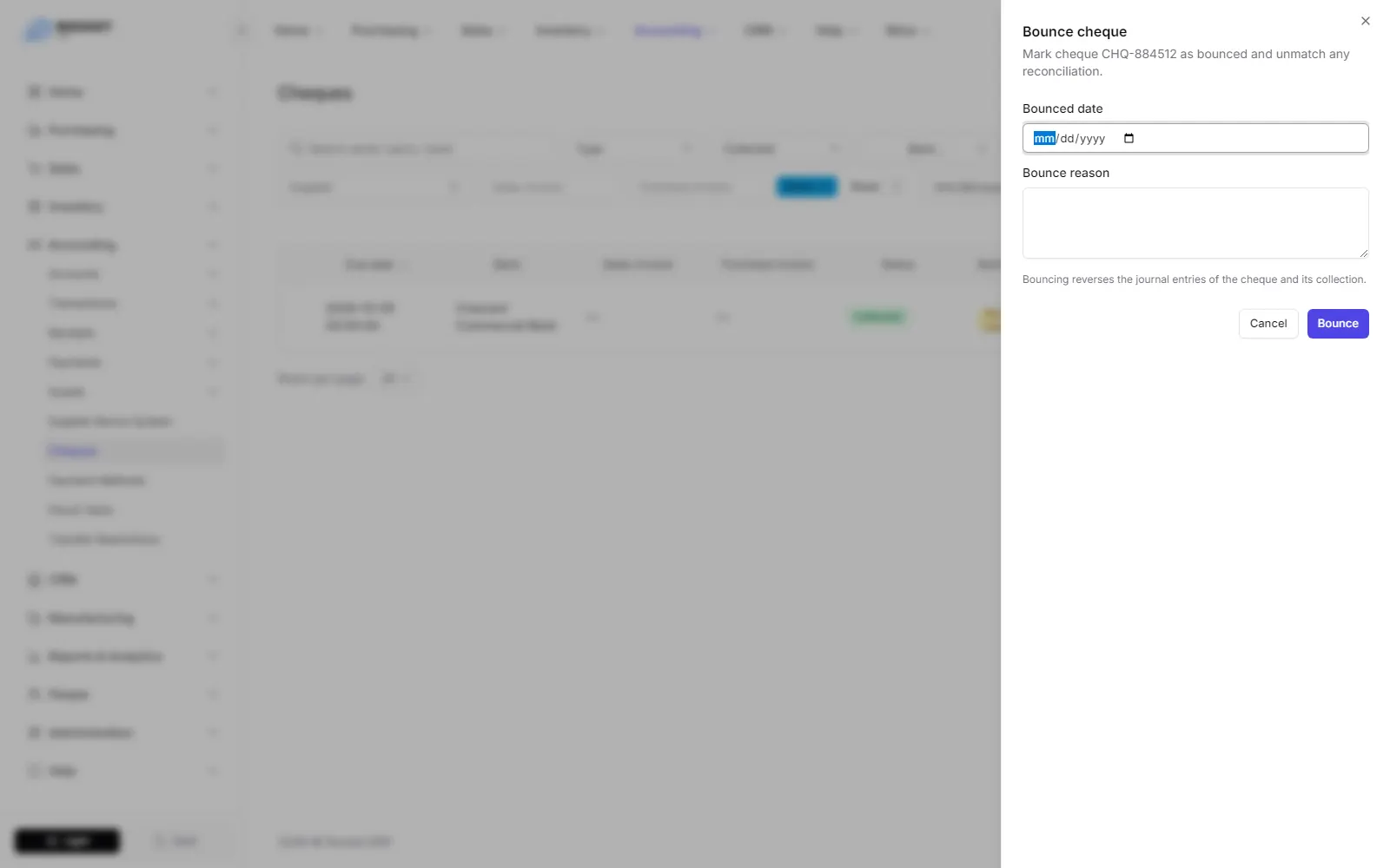The bounce cheque dialog with the bounced date and the reason