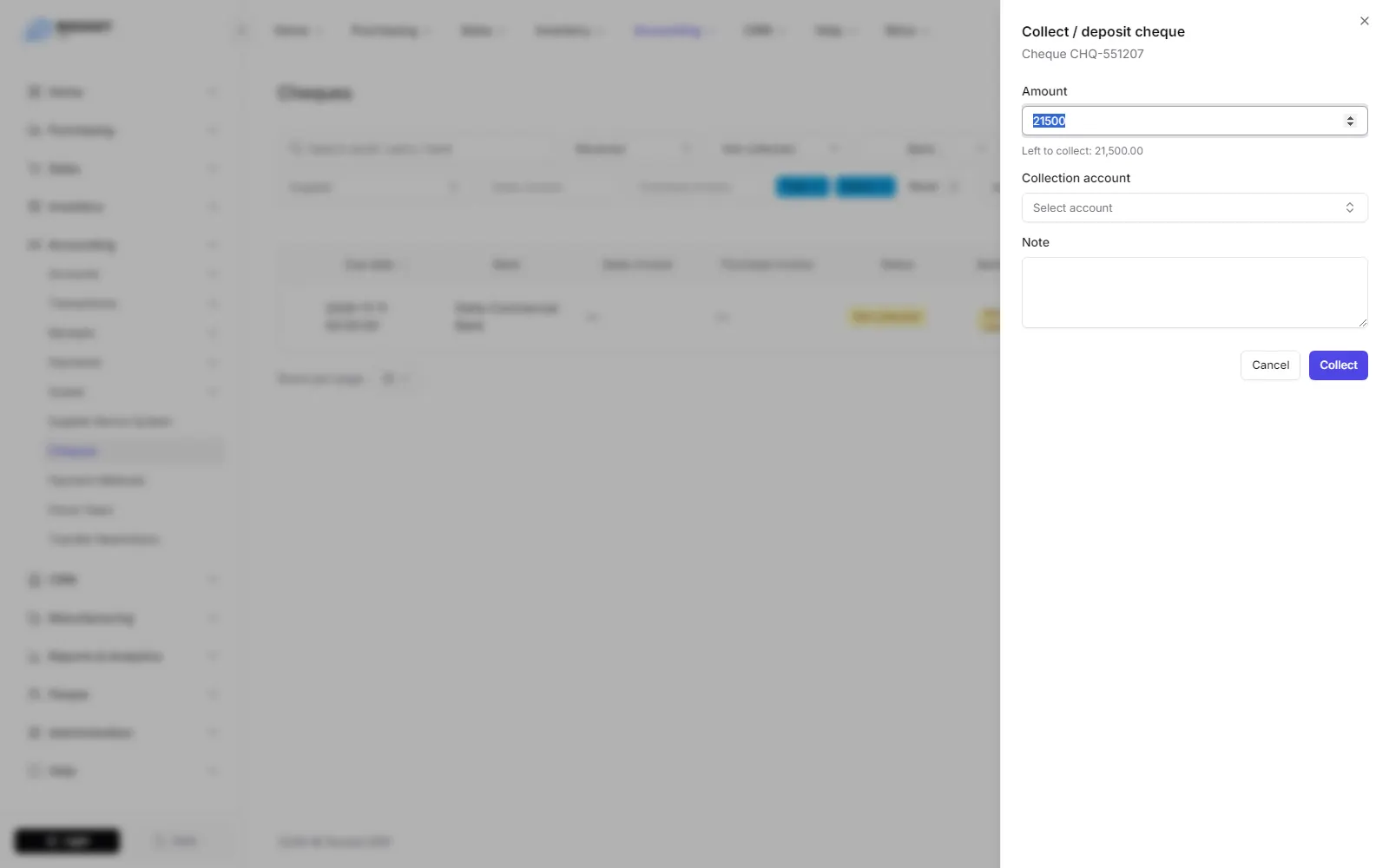The collect or deposit cheque dialog with the amount, collection account and note