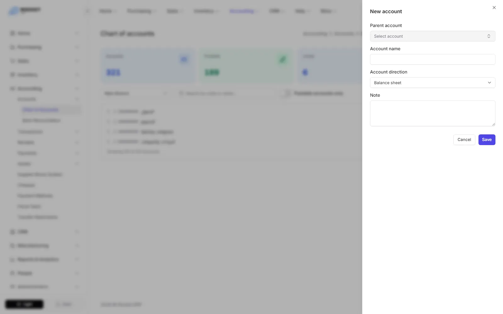 The New account form with the parent account, name, direction and note
