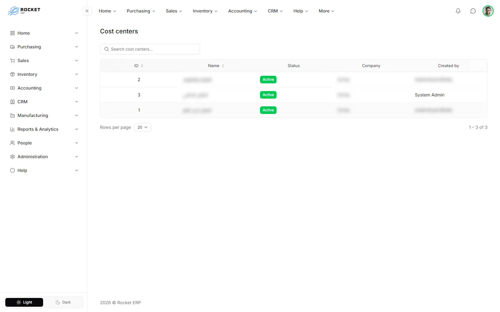 The cost centers list with the name, status, company and creator of each cost center