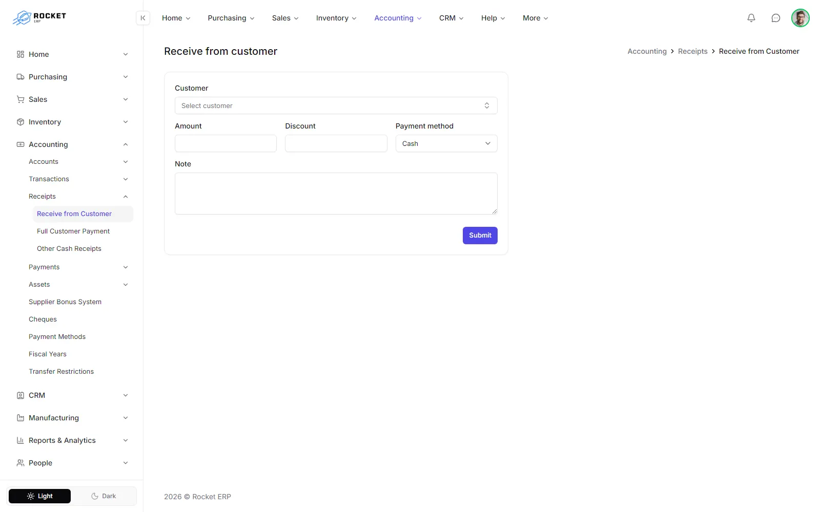 The Receive from customer form with the customer, amount, discount and payment method fields