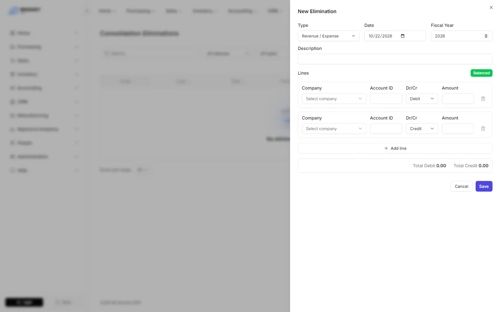 The New Elimination form with balanced debit and credit lines
