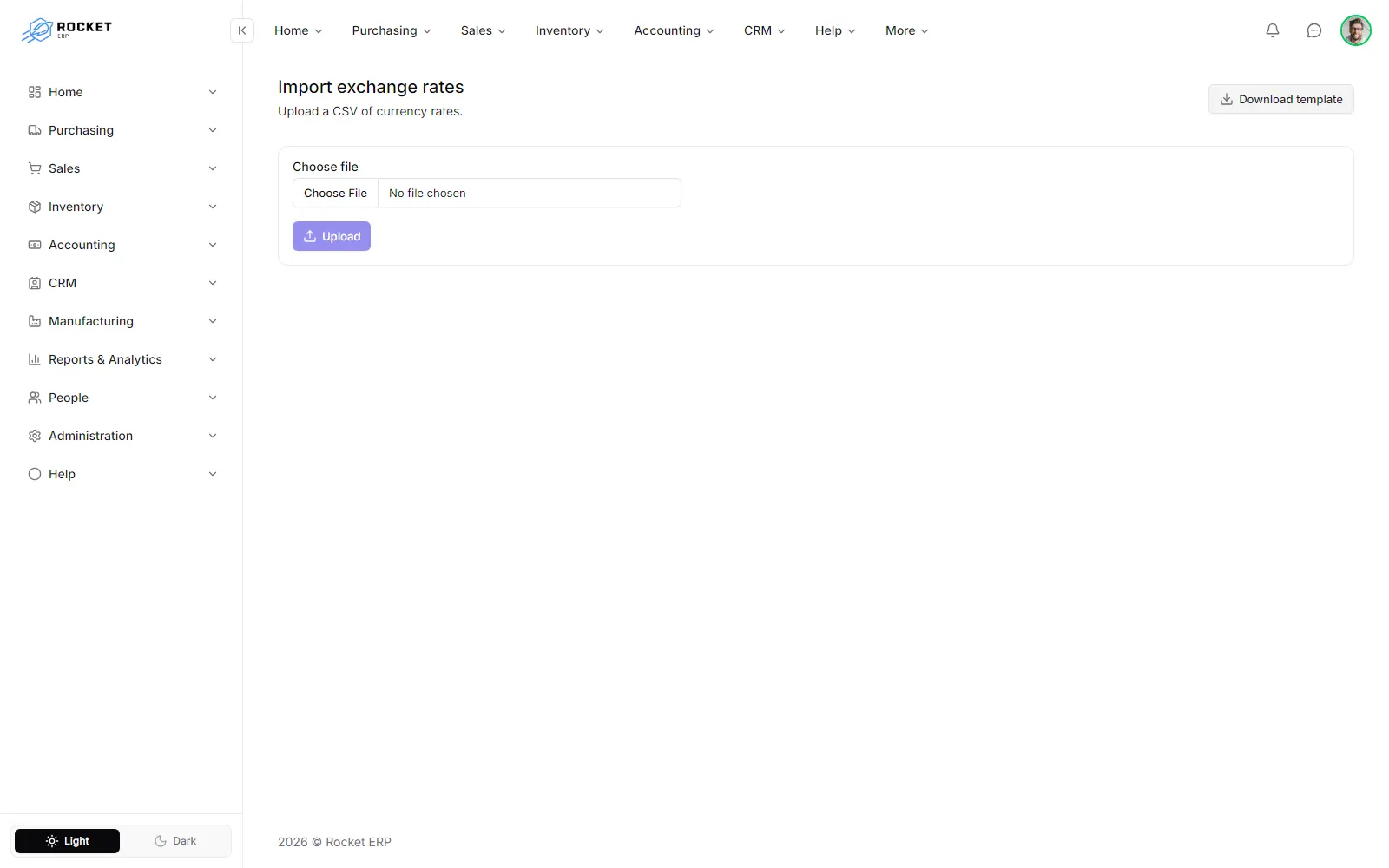 The import exchange rates screen