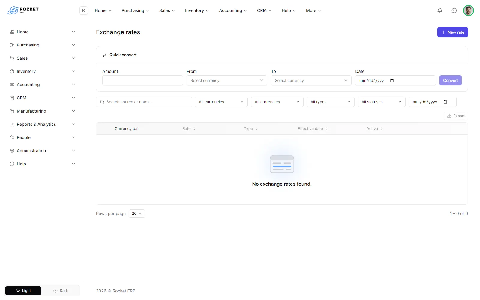 The exchange rates screen with the quick convert card and the list of rates