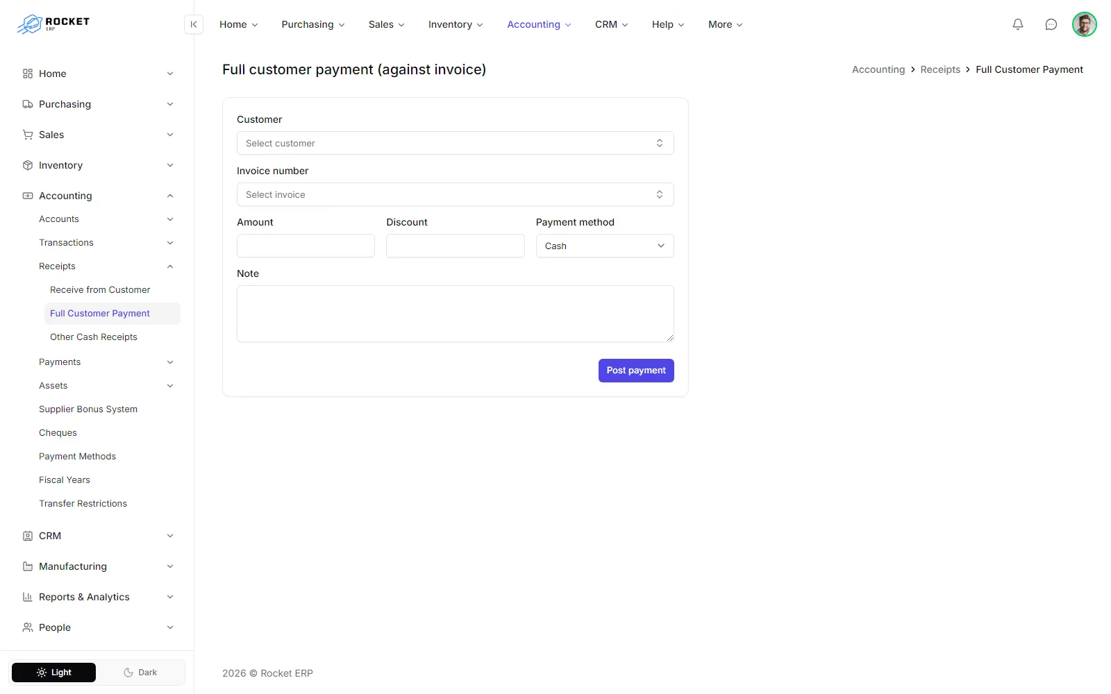 The full customer payment form with the customer, invoice number, amount and payment method