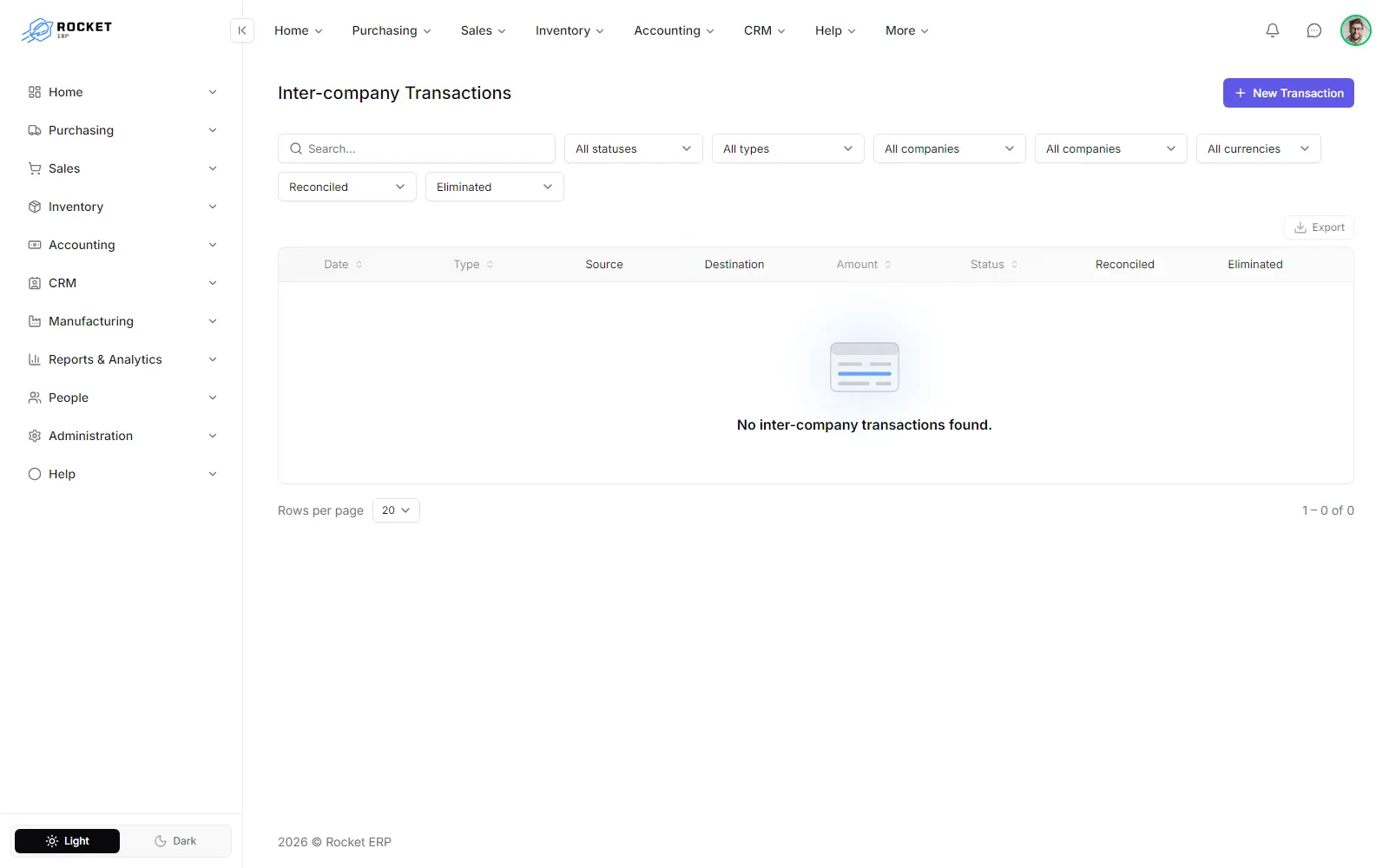 The inter-company transactions list with status, reconciled and eliminated flags