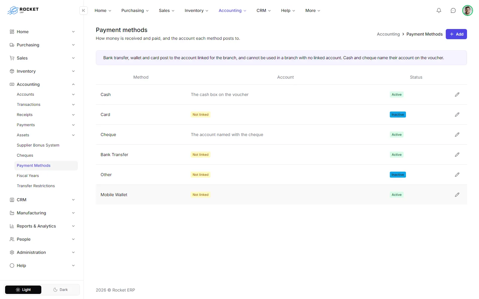The payment methods list with each method, its accounts per branch and its status