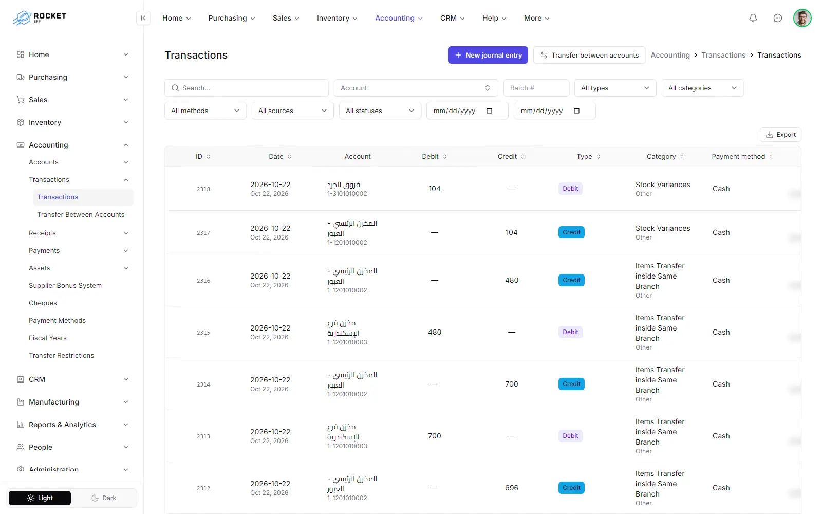 The transactions list with the filters and one row per journal line