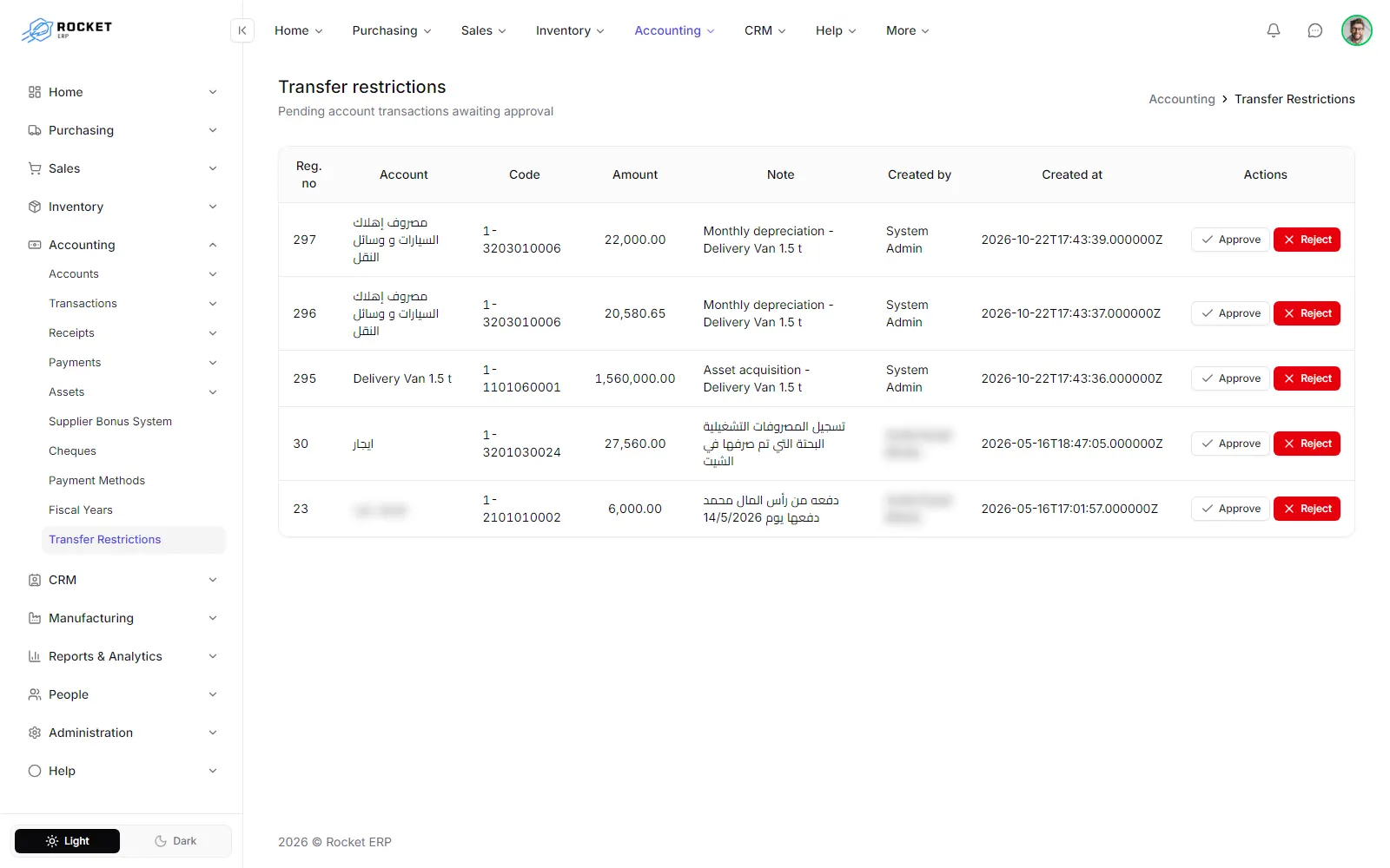 The transfer restrictions screen with the pending entries and their approve and reject buttons