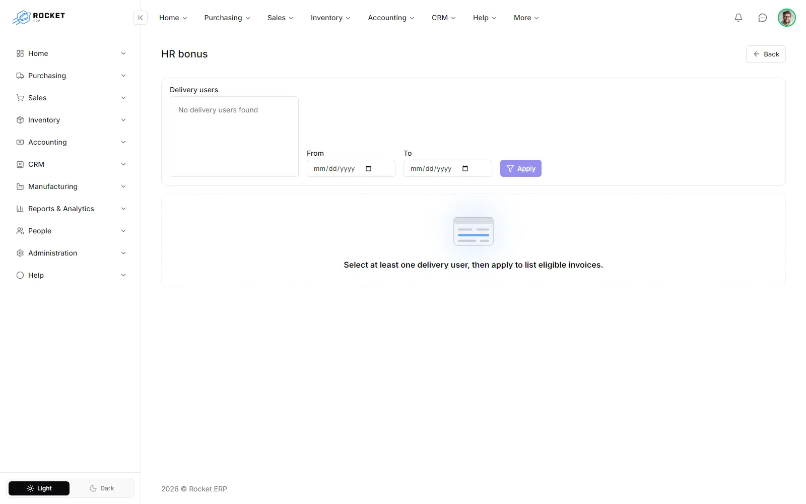 The HR bonus screen with the delivery user filter and eligible invoices