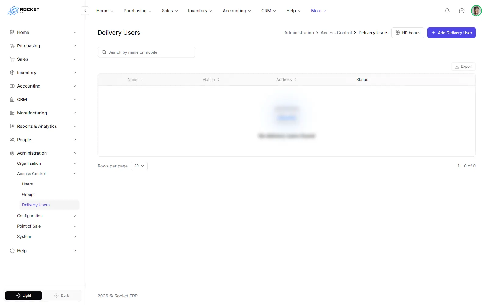 The Delivery Users list with the search box and the add button