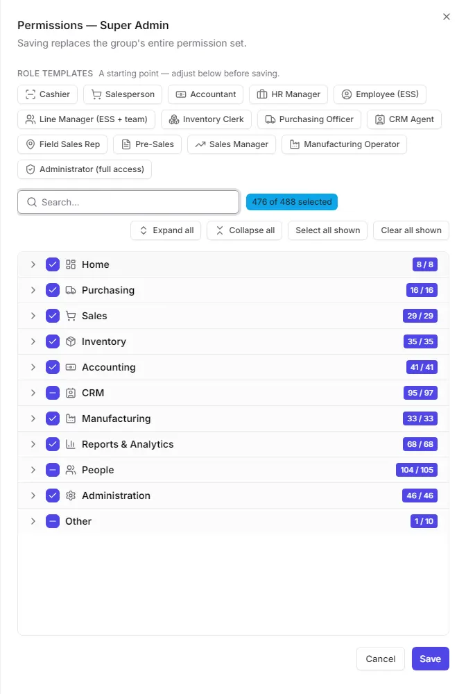 The permissions panel with role templates and the module tree