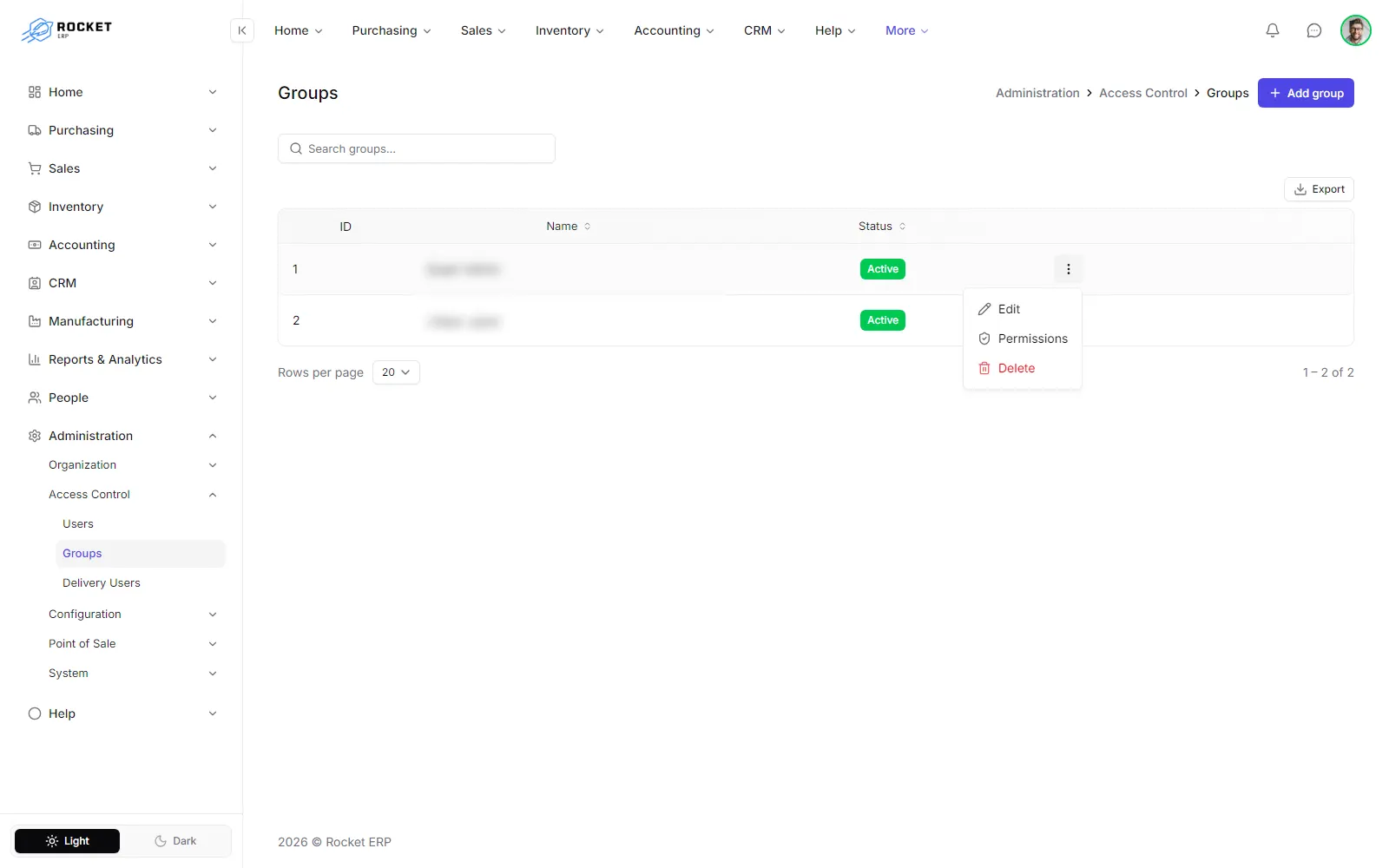 The Groups list with the actions menu of a group