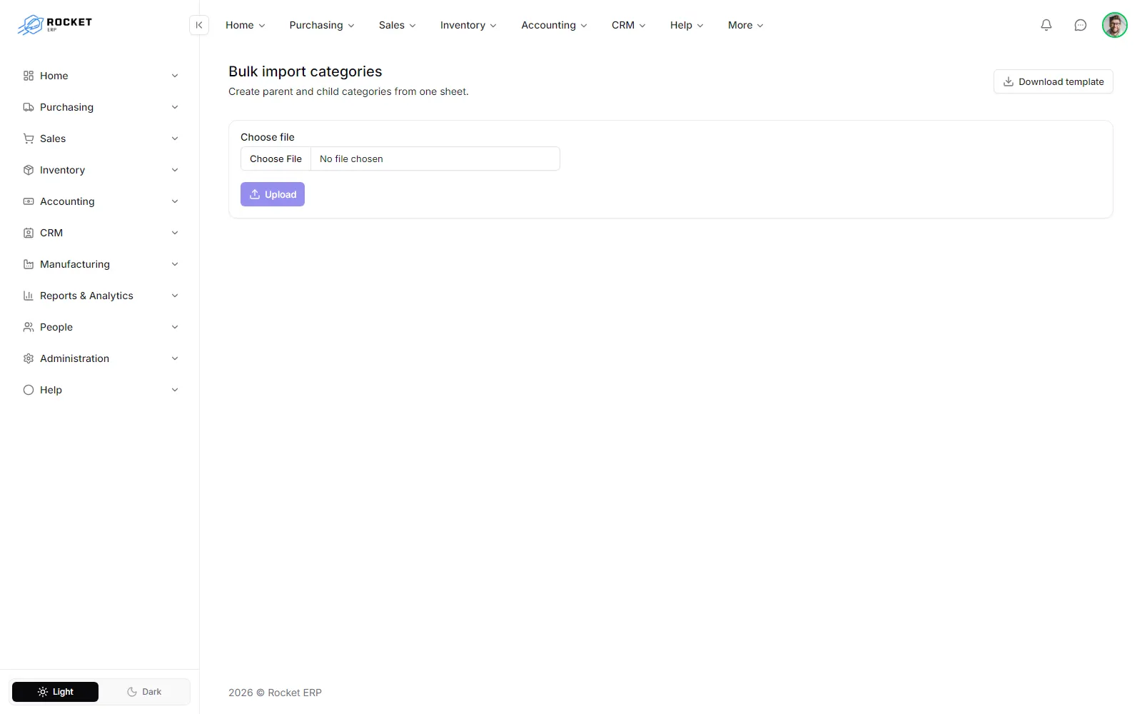 The Bulk import categories screen
