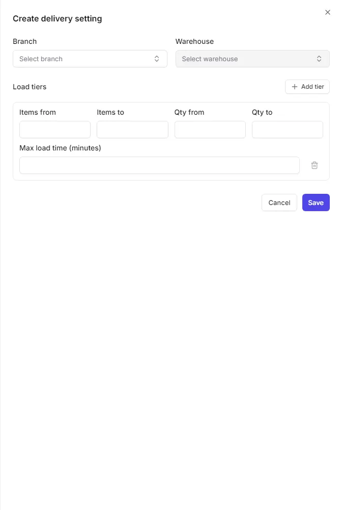 The inventory delivery setting form with its load tiers