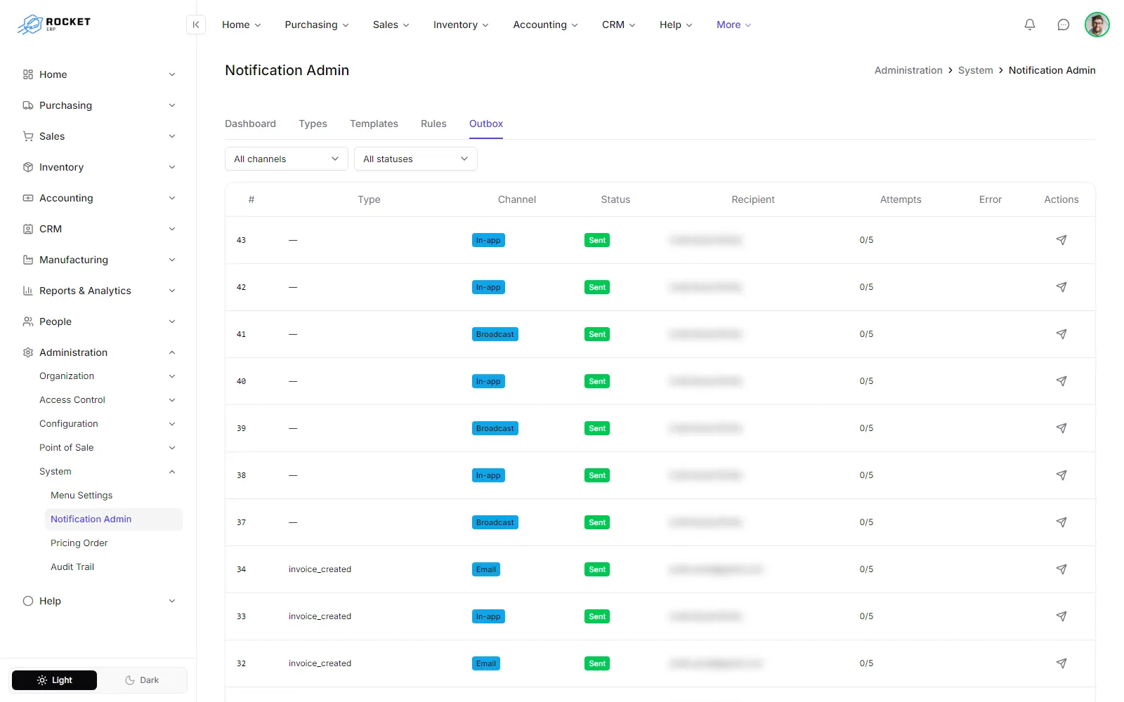 The notification outbox with the channel and status filters