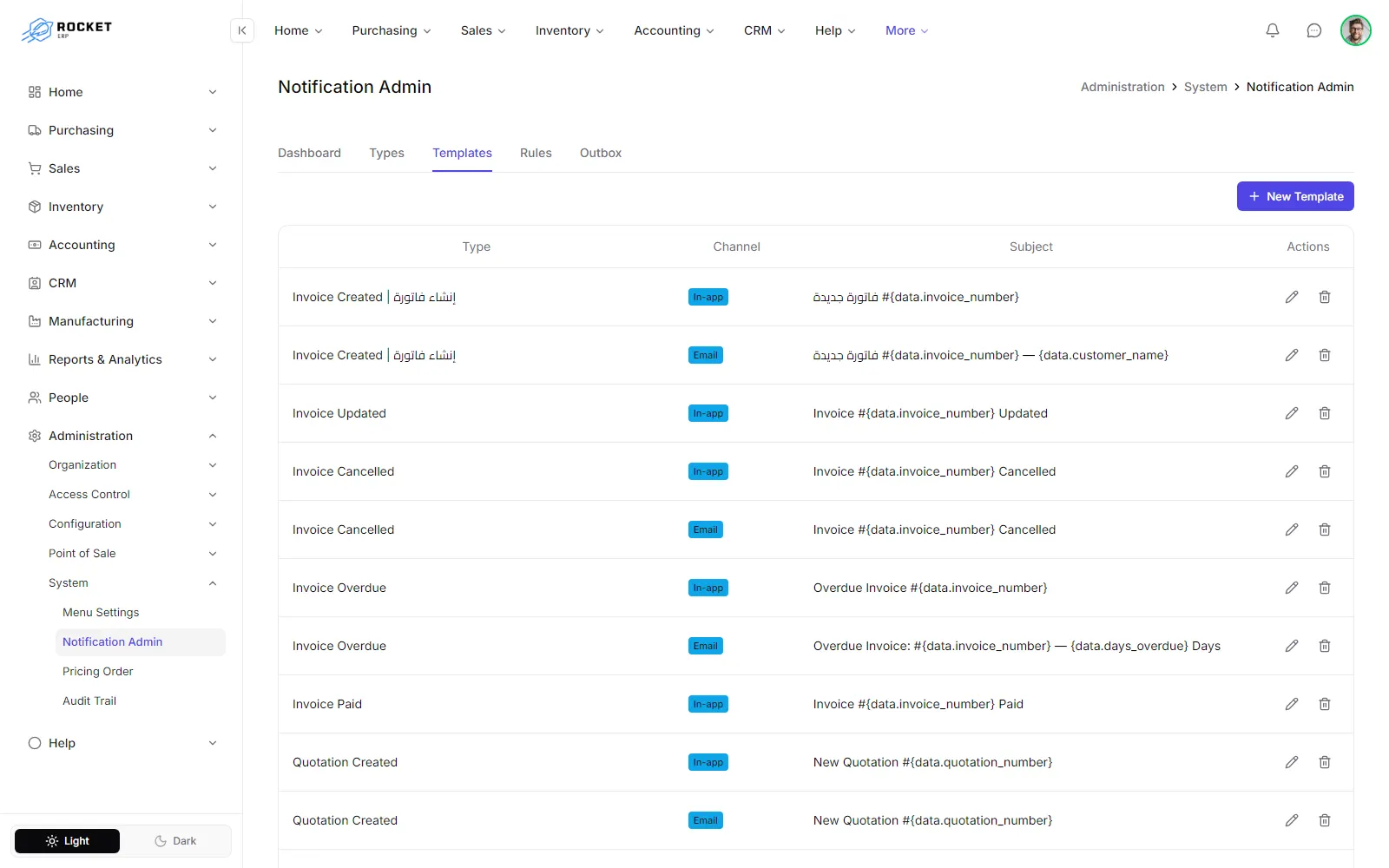 The notification templates tab
