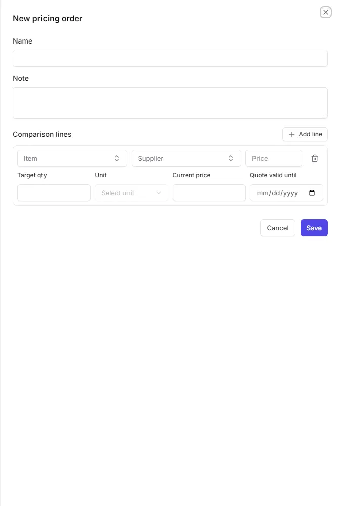 The new pricing order form with its comparison lines