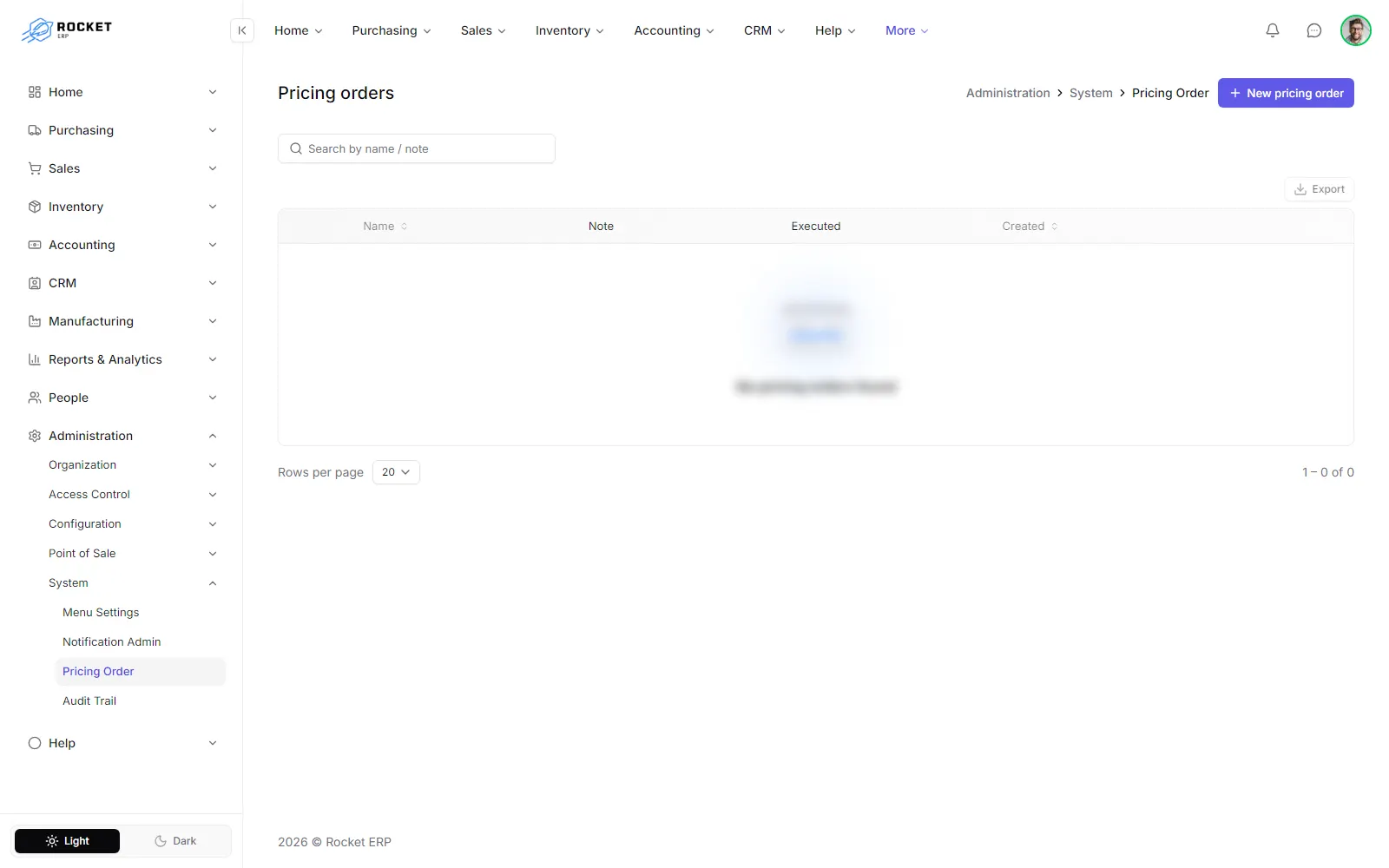 The Pricing orders list with the executed status of each order