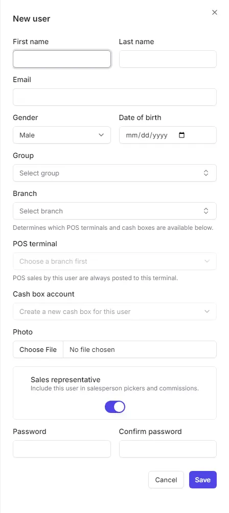 The New user panel with the name, group, branch and cash box fields