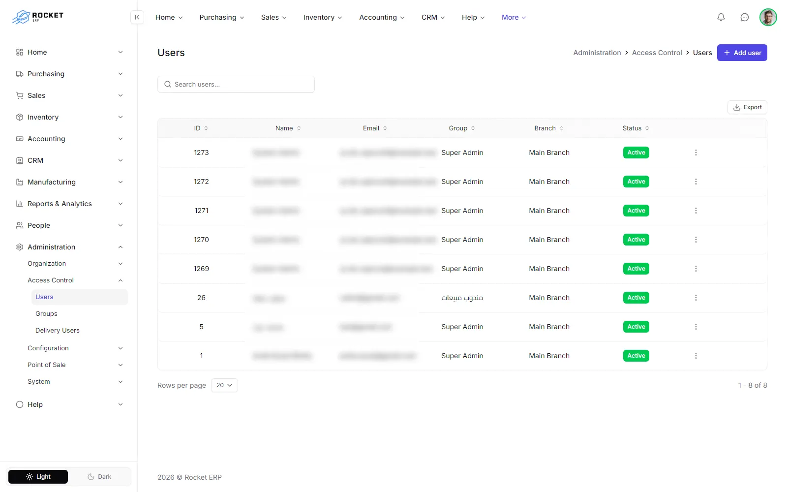 The Users list with the Add user button
