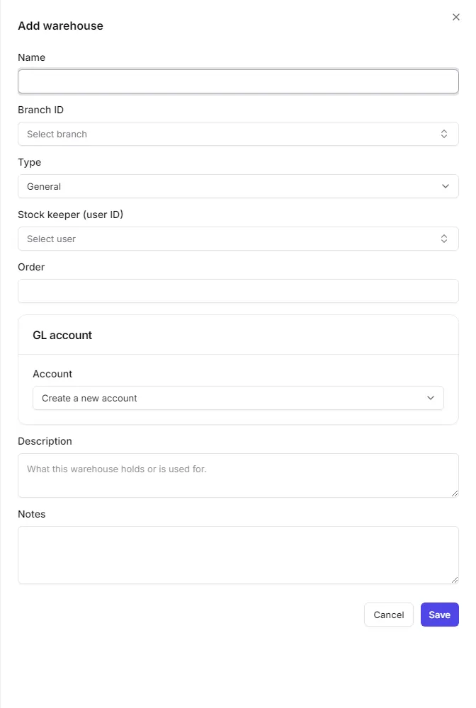 The add warehouse form with the type and GL account options
