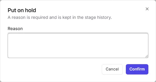 The Put on hold dialog with the required reason