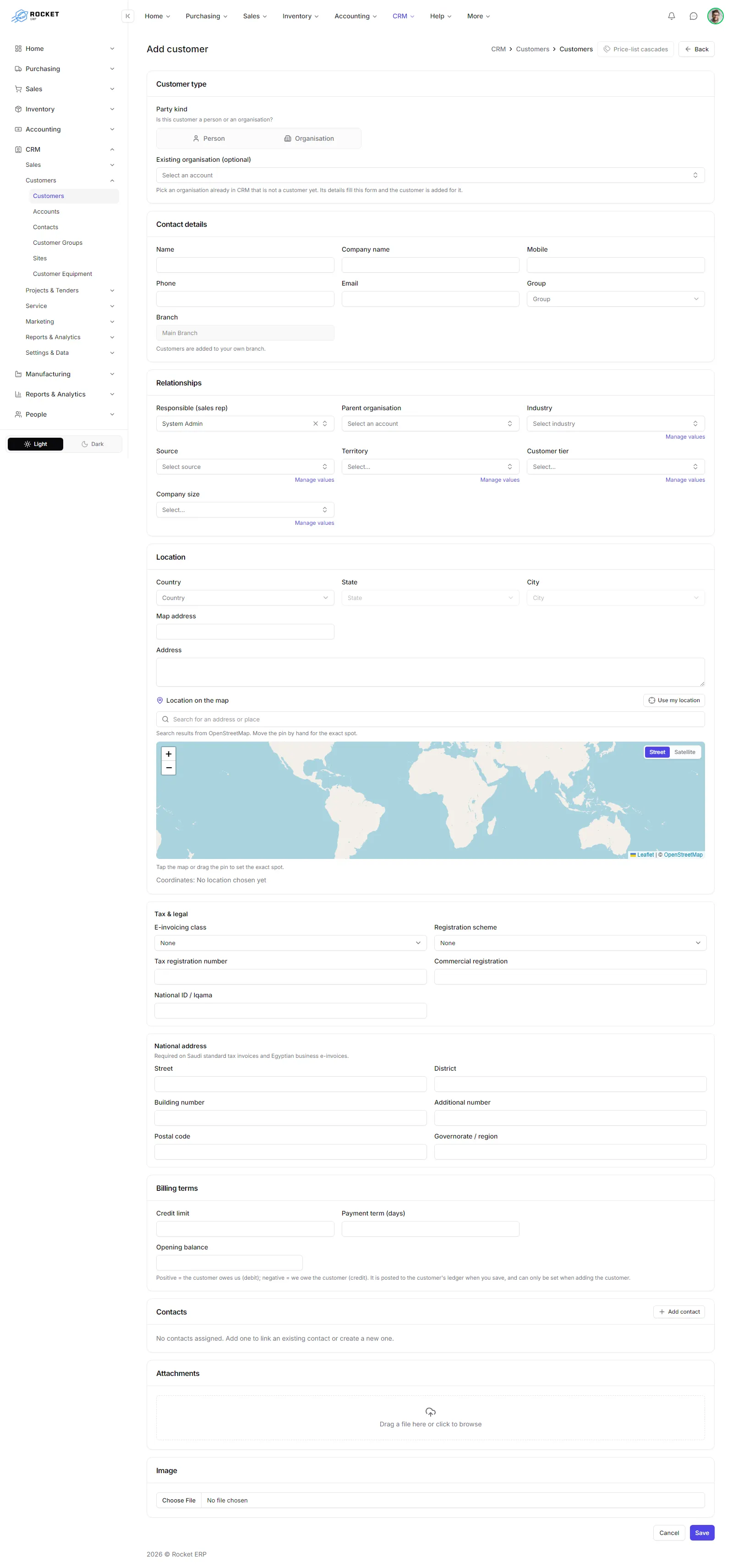 The Add customer form with its sections