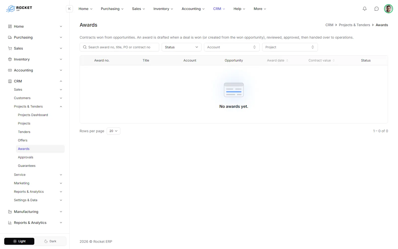 The awards register with the award number, contract value and status