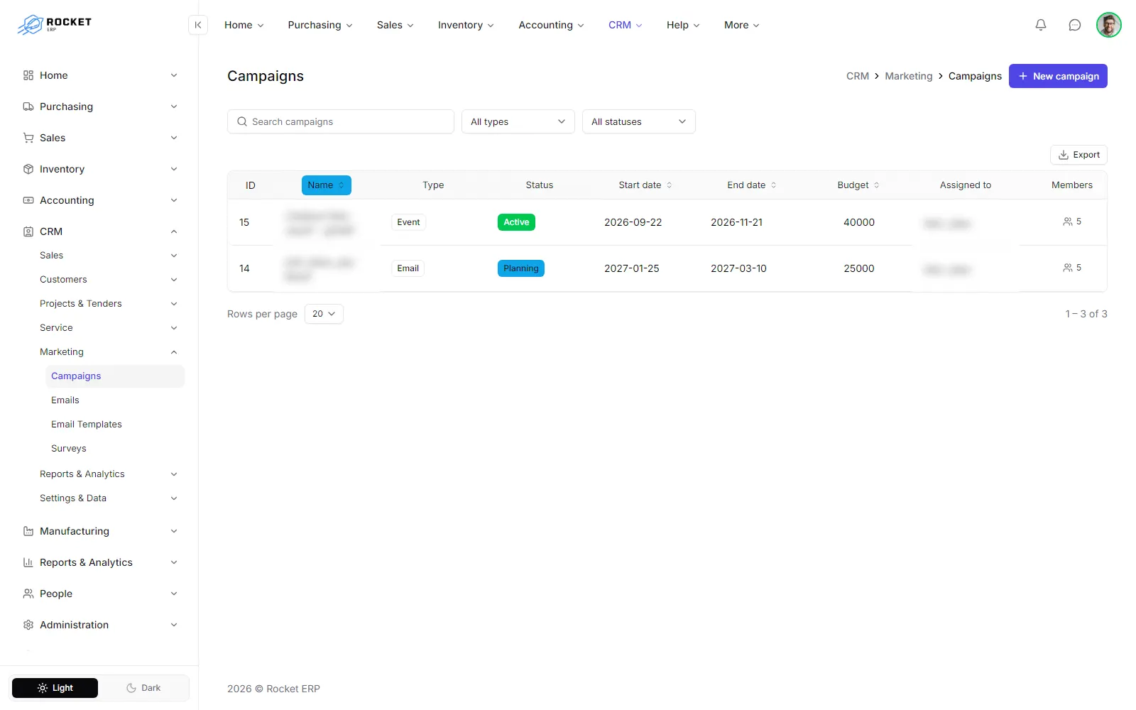 The campaigns list with the type and status filters and the New campaign button