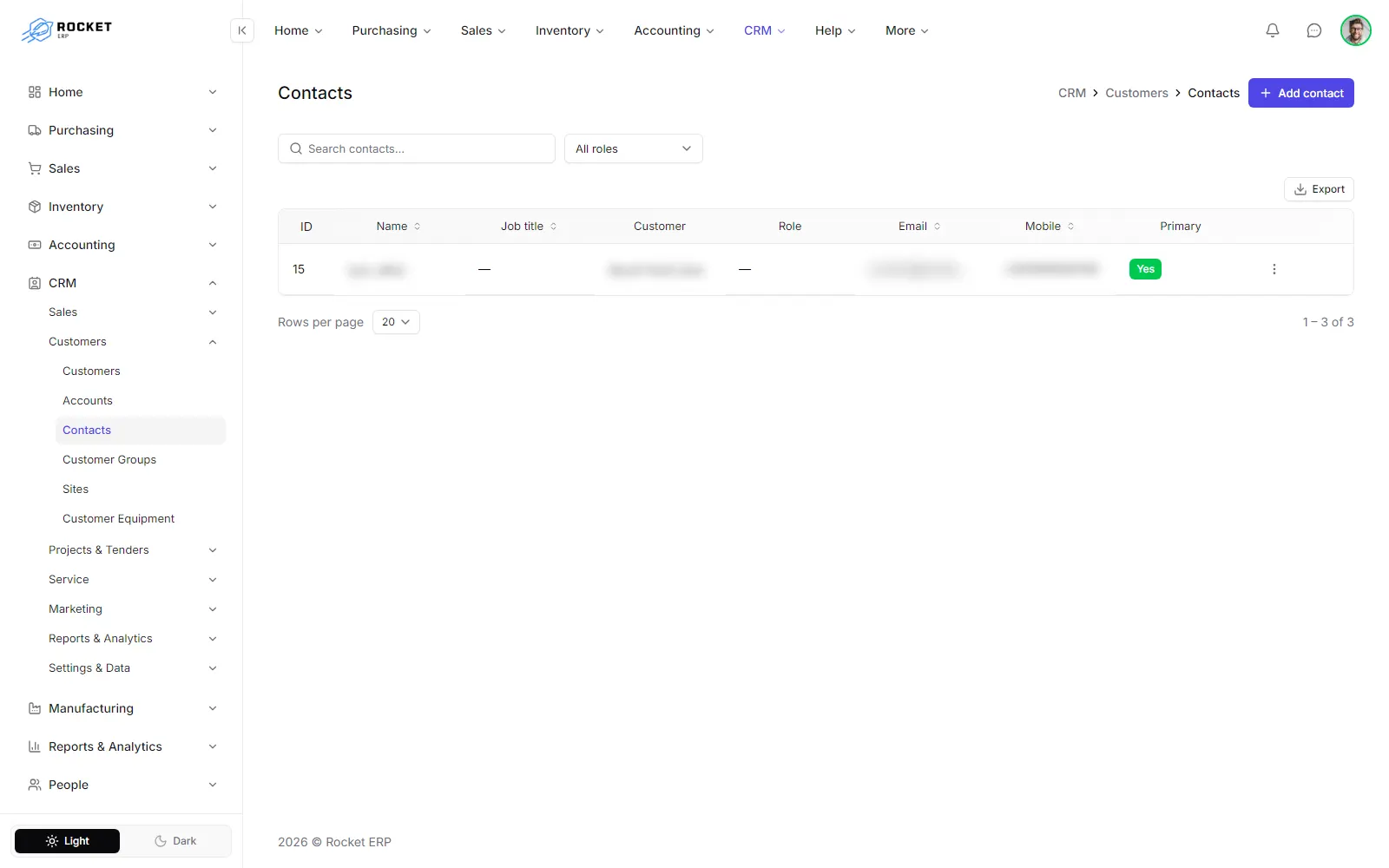 The contacts list with the role filter and the Add contact button