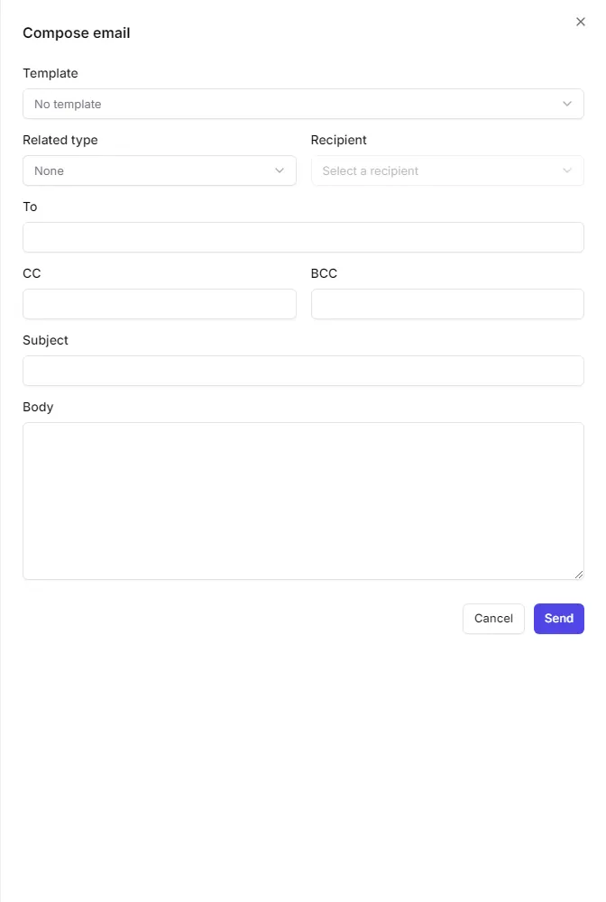 The Compose email panel with the template, related record, recipient and body