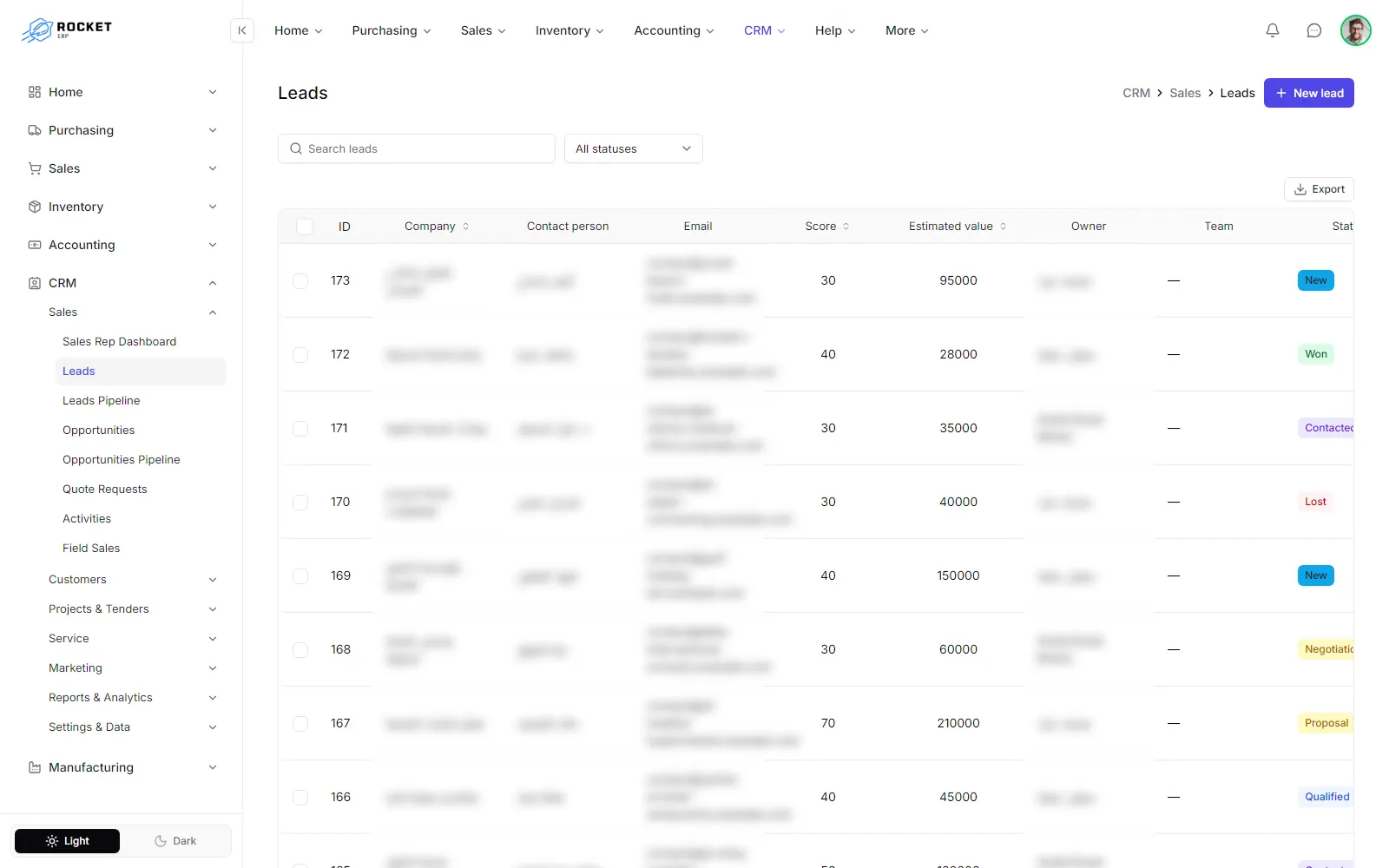The leads list with the status filter, the score column and the New lead button