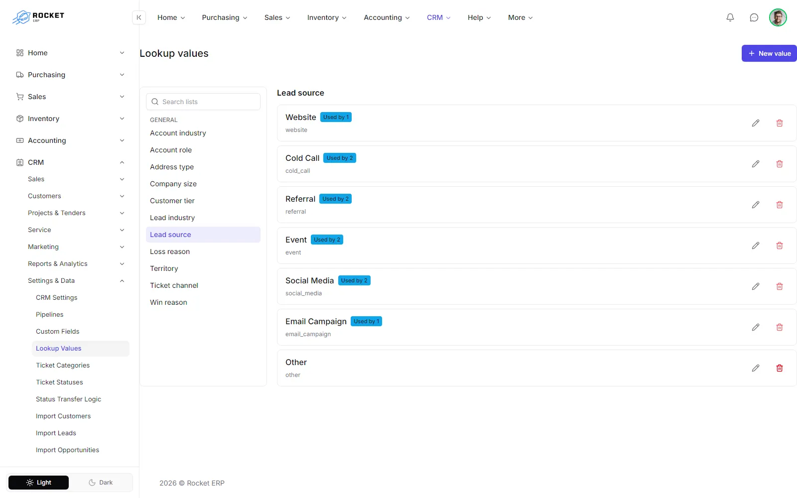 The lookup values screen with the lists on the side and the values of the chosen list
